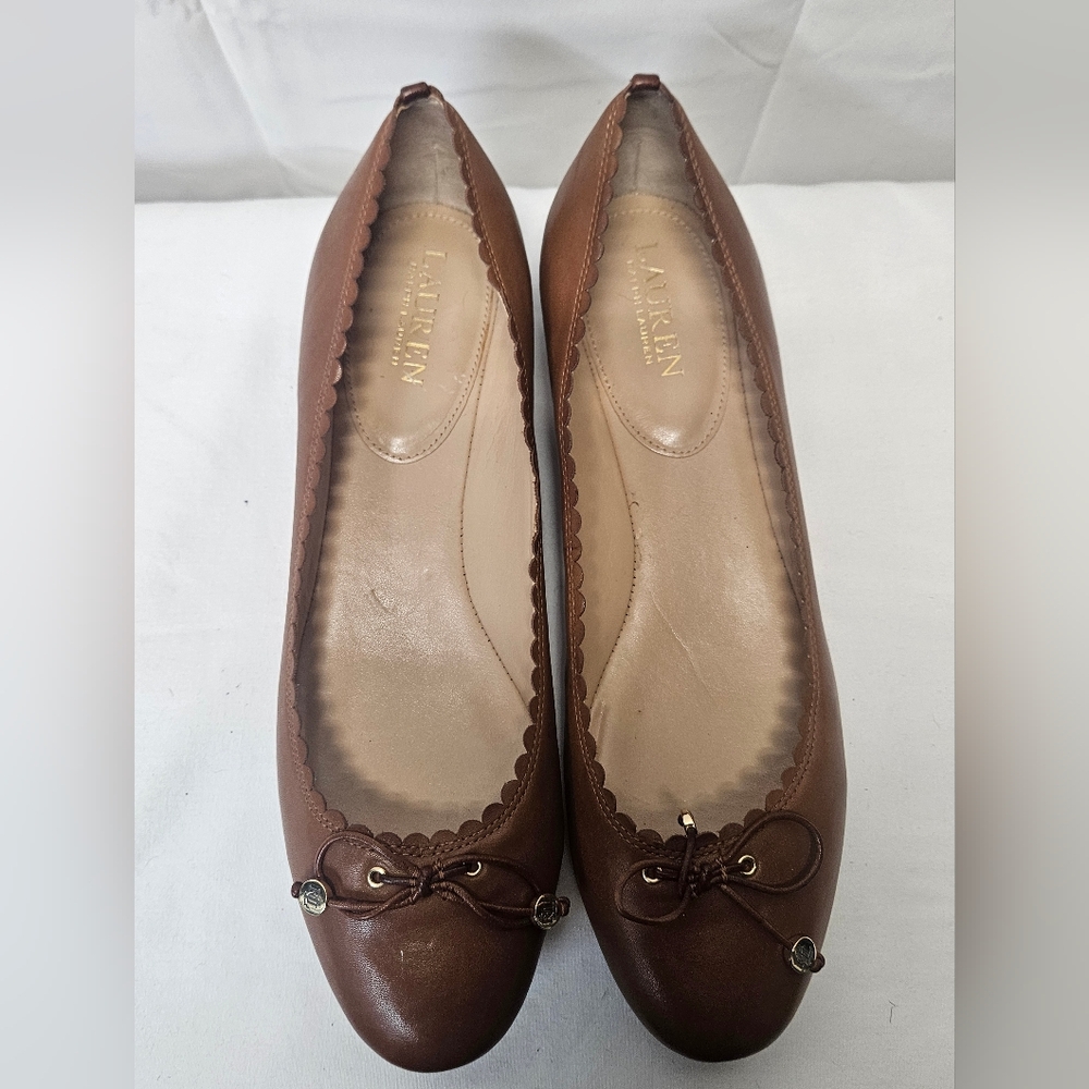 Ralph Lauren Brown Leather Scalloped Ballet Flats